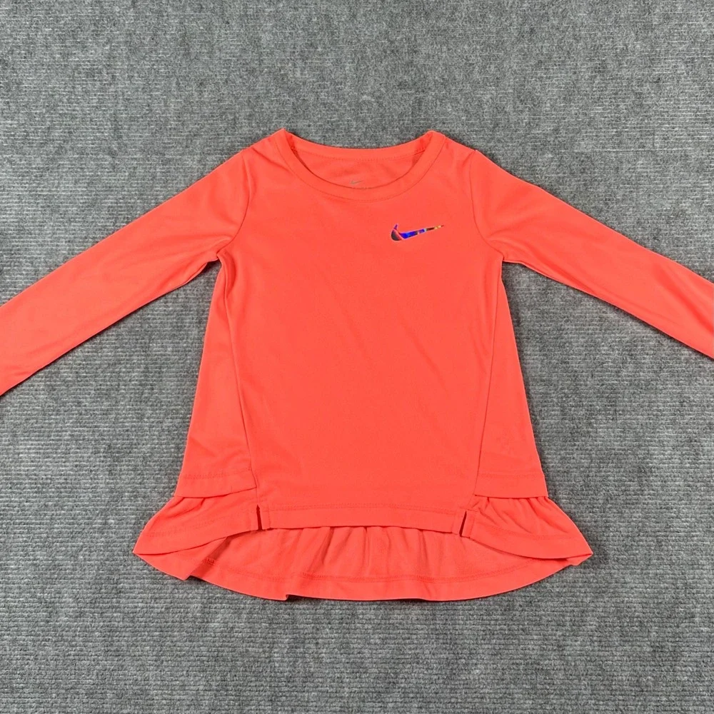 Nike Kids Dri-FIT Long Sleeve Peplum Ruffle Top Coral Pink Iridescent Swoosh